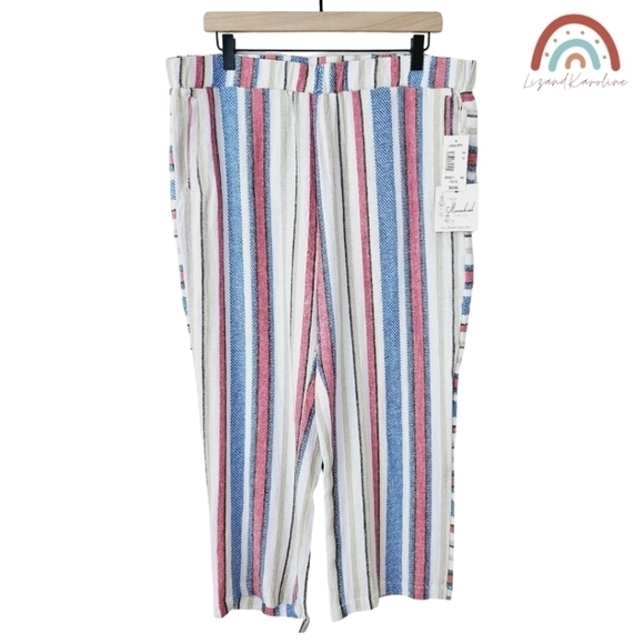 New! Caffe Marrakesh Linen Stripes Pull On Straight Leg Cropped Casual Pants - Picture 1 of 13